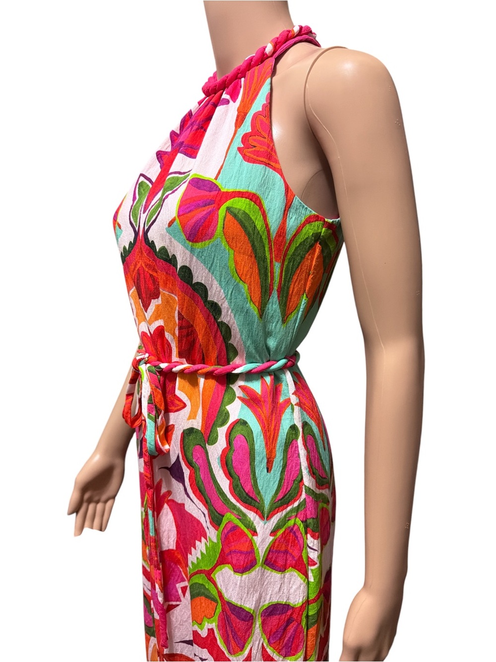 Vince Camuto Sz 0 Day Crepe Midi Dress Halter Boho Print Rope Inspired Belt - Picture 6 of 12